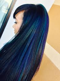 This type of style is not going anywhere and become even more popular from all the celebrity embracing it. Black Base Color With Blue Teal And Purple Highlights Blackhair Bluehair Mermaidhair Love It Hair Color Purple Hair Color Crazy Oil Slick Hair