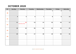 You can see all the details days, dates, holidays, etc at one place. October 2020 Calendar Free Printable With Grid Lines Designed Horizontal Free Calendar Template Com
