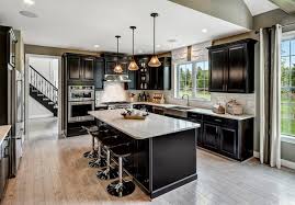 dark cabinets and pops of color are
