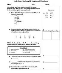 8th Grade Rational And Irrational Numbers Test
