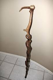 A Homemade Walking Stick With Axis Deer Antler And Twisted Sweet Gum Wood Handmade Walking Sticks Walking Sticks Walking Sticks And Canes