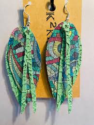Lace Green Faux Leather With Peacock Print Fringe Earrings
