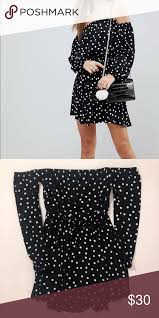 Black And White Polka Dot Dress Off The Shoulder Asos Polka Dot Dress Cute Polka Dot Off The Shoulder Skater Dress Tie In The Front Black And White Polka Dots Asos Dres Polka Dot Dress Dot Dress Asos Dress