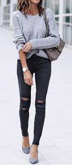 Summer Outfits Grey Knit Black Ripped Skinny Jeans Spring Outfits Casual Black Ripped Skinny Jeans Black Ripped Jeans