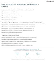 Examples of accommodations and modifications in science and math for students with disabilities. Quiz Worksheet Accommodations Modifications In Education Study Com
