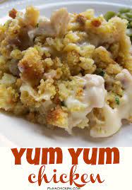 Yum Yum Chicken Creamy Chicken Casserole Topped With Cornbread Stuffing Great Quick Wee Yum Yum Chicken Chicken Recipes Casserole Rotisserie Chicken Recipes