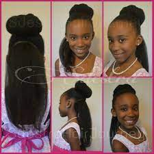Half Up And Half Down Top Part Was Styled Into A Bun And The Back Was Lightly Flat Ironed With Low Hea Natural Hairstyles For Kids Hair Styles Kids Hairstyles