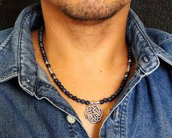 Mens Necklace Celtic Metal Pendant Dumortierite Midnight Etsy Mens Beaded Necklaces Mens Jewelry Men S Necklace