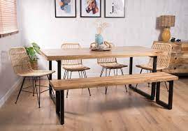 Benches allow for extra seating around a dining table because they don't have set widths, like dining room chairs. Natural Rattan 6 Seater Dining Set With Bench Industrial Mango Table Casa Bella Furniture Uk