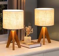 EDISHINE Small Table Lamp, Wooden Tripod Bedside Lamp with ...