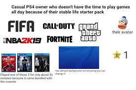 An element of a culture or system of behavior that may be considered to be passed from one individual to another by nongenetic means, especially imitation. Casual Ps4 Owner Who Doesn T Have The Time To Play Games All Day Because Of Their Stable Enough Life Starter Pack R Starterpacks Starter Packs Know Your Meme