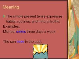 It has a very simple meaning, so it is used in a wide range of situations. Simple Present Tense Form And Meaning Affirmative Statements I Study Everyday You Study Everyday He Studies Every Day She Studies Everyday We Study Ppt Download