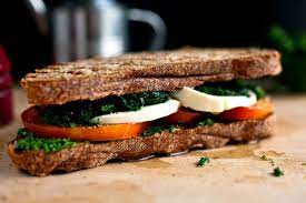 Tomato Kale And Mozzarella Sandwich With Parsley Pesto Recipe Recipe Parsley Pesto Mozzarella Sandwich Blanched Kale Recipe