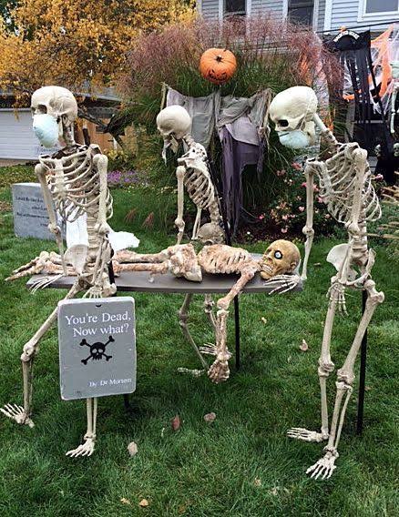 Goodbye Halloween: DIY Skeleton Decorations for Your Front Porch | Funny skeleton poses, Autumn skeleton display, Halloween party ideas
