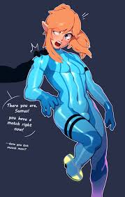 combos & doodles, link, samus aran, metroid, nintendo, the legend of  zelda, absurdres, highres, 1boy, 1other, alternate costume, blue bodysuit,  blue eyes, bodysuit, brown hair, bulge, cosplay, covered navel, english  text, grey
