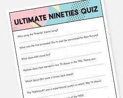 Take our trivia quiz about 90's movies, music, fashion, fun facts, tv shows, cartoons and food. 90s Trivia Quiz Printable Party Game Instant Download Bridal Etsy In 2021 Trivia Quiz Friends Theme Song Trivia
