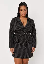 Plus Size Black Pinstripe Belted Blazer Dress Missguided