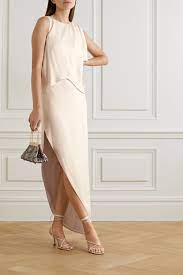 Women's cap sleeve asymmetrical neck dress. Off White Asymmetric Draped Crepe Maxi Dress Halston Heritage Net A Porter