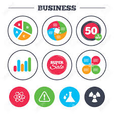 business pie chart growth graph attention and radiation icons