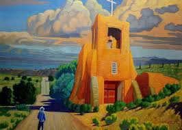 The Long Road to Santa Fe Greeting Card by Art West | Man Walking Towards Adobe Church