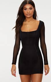 Sheer Mesh Square Neck Binding Detail Bodycon Dress Prettylittlething Usa Bodycon Dress Fashion Mini Dress