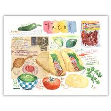 Taco Recipe Print Mexican Taco Illustration Mexico Etsy Mexican Food Recipes Food Illustrations Watercolor Food