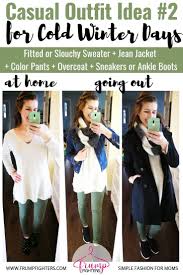 How To Dress Warm Cute In Winter Essentials List Layering Tips Outfit Ideas Easy Fashion For Moms Warm Dresses Sweaters And Jeans Casual Chic Outfit