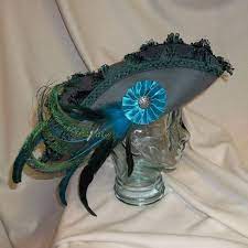 Reserved For Victoria C Gray And Peacock Pirate Hat Fancy Gray Tricorn With Dark Green Trim Rooster And Peacock Feathers Pirate Hats Hats Dark Green Trim