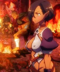 luca (kuroinu), kuroinu 2, anime screenshot, stitched, third-party edit,  1girl, armor, belt, bikini armor, black hair, breasts, brown belt, choker,  cleavage, covered erect nipples, dagger, dark-skinned female, dark elf,  dark skin, elf,