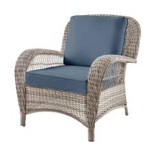 Hampton Bay Beacon Park Gray Wicker Outdoor Patio Stationary Lounge Chair With Sunbrella Denim Blue Cushions H023 01212300 The Home Depot Outdoor Wicker Chairs Lounge Chair Outdoor Blue Cushions