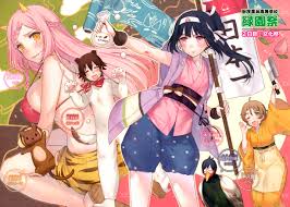 kippu, hata kousaku, kamatori kei, kinoshita ringo (no-rin), nakazawa  minori, yoshida kochou, momotarou, no-rin, absurdres, highres, novel  illustration, official art, scan, 2boys, 3girls, black hair, brown hair,  cosplay, glasses, japanese clothes, long hair ...