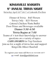 If you fail, then bless your heart. Kingsville Minor Baseball Association Kmb Is Hosting Its 8th Annual Trivia Night On Saturday April 22nd At The Lakeside Pavilion Dinner Trivia 40 Person Trivia Only 25 Person Catered Chicken Pasta