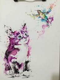 Space Cat Watercolor Cat Hummingbird Drawing Bird Drawings