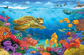 Ocean Reef Floor Puzzle Fish Drawings Turtle Painting Cross Paintings
