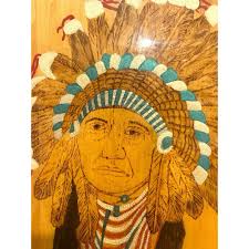 Vtg Native American Wood Burning Painting Head Dress Signed Heavy Lacquer  1991 Native American Arts &