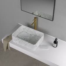 This round marble vessel sink features a natural chiseled exterior and polished interior. Rectangular Marble Counter Top Basin 455mm Stunning Real Marble Design