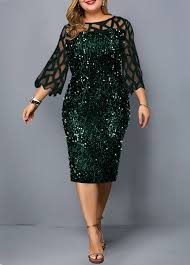 Sequin Detail Mesh Panel Plus Size Dress Mesh Panel Dress Three Quarter Sleeve Dresses Plus Size Dresses