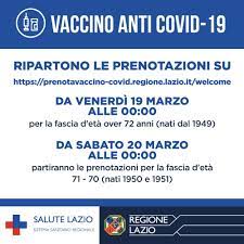 Sono disponibili ancora per il mese di maggio 100mila slot di prenotazione per il vaccino astrazeneca e il monodose di johnson e johnson comunica l'unità di crisi covid della regione lazio. Salute Lazio Vaccino Anti Covid 19 Ripartono Le Prenotazioni Su Https Prenotavaccino Covid Regione Lazio It Welcome Da Venerdi 19 Marzo Alle 00 00 Per La Fascia D Eta Over 72 Anni Nati Dal 1949 Da Sabato 20 Marzo Alle