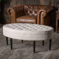 Tufted Top Linen Upholstered Oval Ottoman Coffee Table W Button Accents Oval Ottoman Ottoman Coffee Table Upholstered Ottoman