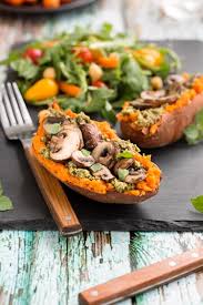 Place the sweet potatoes and chicken on a baking sheet. Pesto And Mushroom Stuffed Sweet Potato Dinner Veganfoodhacks