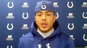 Rigoberto Sanchez speaks to reporters after returning to the practice field 