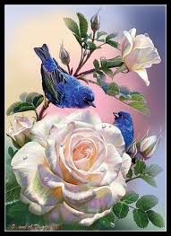 Blue Birds And Flowers Wallpaper Roses And Blue Birds Counted Cross Stitch Patterns Etsy In 2020 Flower Painting Bird Art Flower Art