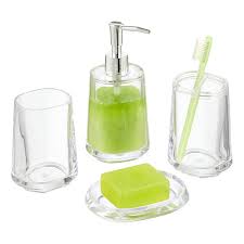 Glass bathroom vanity accessories on tray plastic containers. Plastic Bathroom Accessories The Container Store