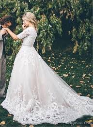 Vintage Beaded Lace Applique A Line Wedding Dressses With Illusion Half Sleeves 2017 Modest Chapel Wedding Dressses Wedding Gown Rental Modest Wedding Dresses