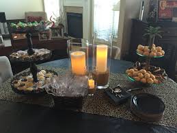 Lion King Inspired Dessert Table Leopard Print Table Runner With Cylinder Vases Filled With Sand And Pi Printed Table Runner Table Decorations Pillar Candles