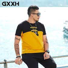 Find black and yellow t shirt here 2019 Fashion Printed Tee Shirt Men Summer Black Yellow Patchwork T Shirt Men O Neck Short Sleeves Top Shirts For 80kg 140kg Men T Shirts Aliexpress
