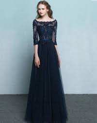Full Length 3 4 Long Sleeves Navy Blue Tulle And Lace Prom Dress Evening Dresses Vintage Maxi Dress Evening Recital Dress