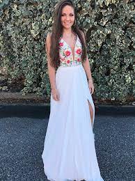 Maybe you would like to learn more about one of these? A Line Deep V Neck Sweep Train White Chiffon Split Prom Dress With Embroidery Dresstells Com