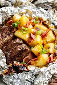 Surround the pork with red potatoes, then top with rosemary, sage, and parmesan. Garlic Steak Cheesy Bacon Potato Hash Foil Packs Cafe Delites