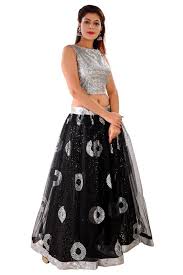Black And Silver Combination Gown Black And Silver Crop Top Style Lehenga Featured In Georgette And Net Crop Top Fashion Silver Crop Top Crop Tops